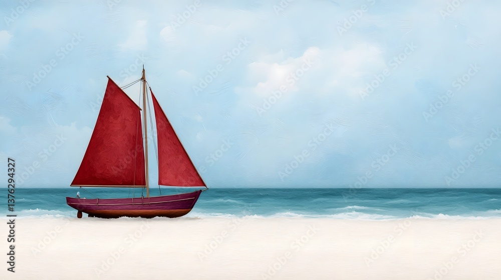 Fototapeta premium Red sailboat on a tranquil beach