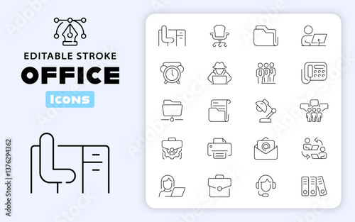 Office working vector outline icon set. Company workers space linear icons.