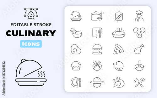 Culinary food making vector outline icon set. Cooking and kitchen tools set