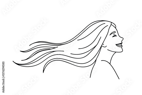Woman's Profile, Long Hair Blowing, Joyful, Elegant Line Art, Simple Drawing, White Background, Happy