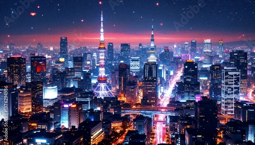 Wallpaper Mural Cityscape at Night with Glowing Buildings and Light Trails Torontodigital.ca