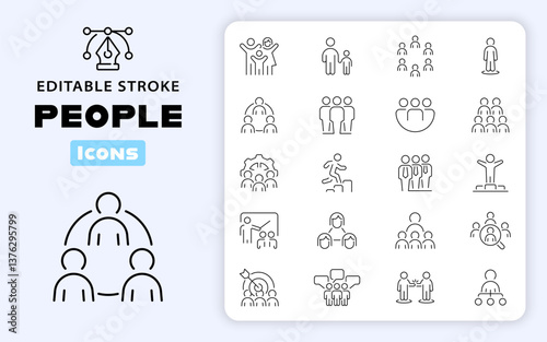 Multiple People with Different Activities Vector Outline Icon Set