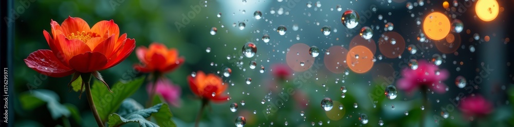 Raindrops on window creating a backdrop for vibrant flowers and bokeh lights, colorful, vibrant, window Raindrops on window creating a backdrop for vibrant flowers and bokeh lights, colorful, vibrant, window