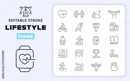 Healthy Lifestyle and Sports Vector Outline Icon Set