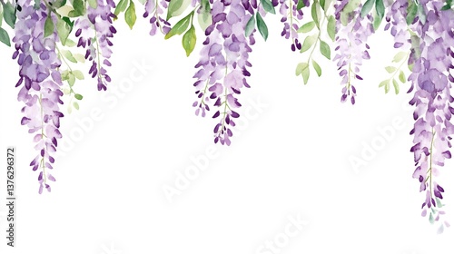 Delicate watercolor rendering of purple wisteria clusters and verdant foliage framing white canvas with soft, flowing botanical elegance