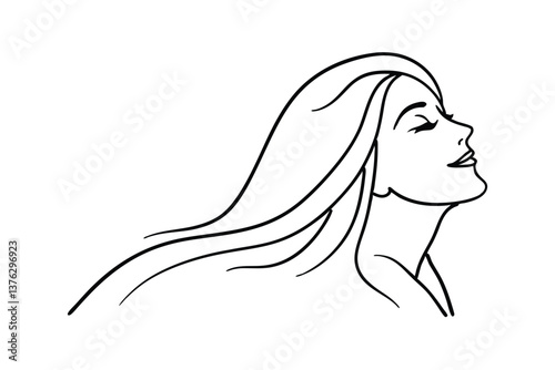 Serene Woman Profile, Long Hair, Windblown, Elegant Line Art Drawing