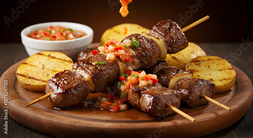 Peruvian anticuchos skewers with rocoto pepper sauce on wooden plate close up