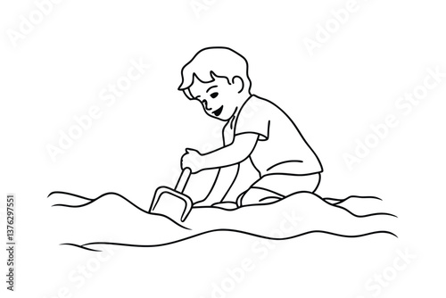 Happy Child Playing Sand Beach Toy Shovel Summer Fun