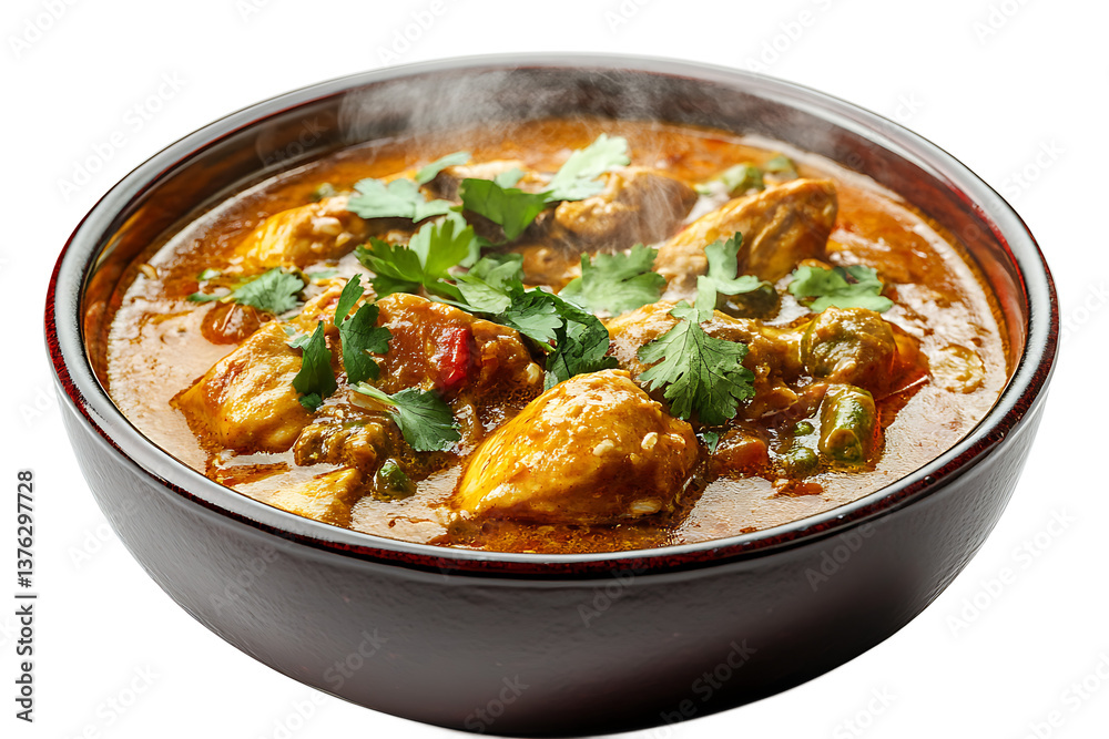 A steaming bowl of chicken curry garnished with cilantro and served in a dark ceramic bowl dish food A steaming bowl of chicken curry garnished with cilantro and served in a dark ceramic bowl dish food