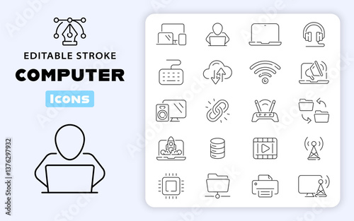 Computer vector icons. Computer icon set. Network, website, server, web design, hardware, software, programming, computer related thin line icon collection. Editable stroke