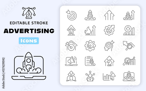 Advertising icons. Advertising vector icon set. Icons related to advertising. Digital marketing, management, SEO, target, ad, analytics, advertising related thin line icon collection