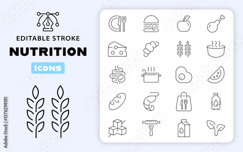 Nutrition vector icons. Nutrition and food linear icons collection. Eat, food, healthy food, diet, Nutrition related thin line icon collection. Editable stroke