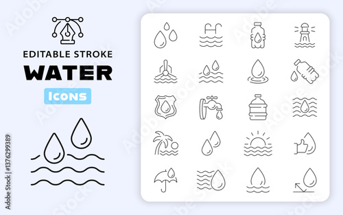 Water icons. Water linear icon collection. Drop Water, Mineral Water, Water Bottle, drink related thin line icon collection. Editable stroke