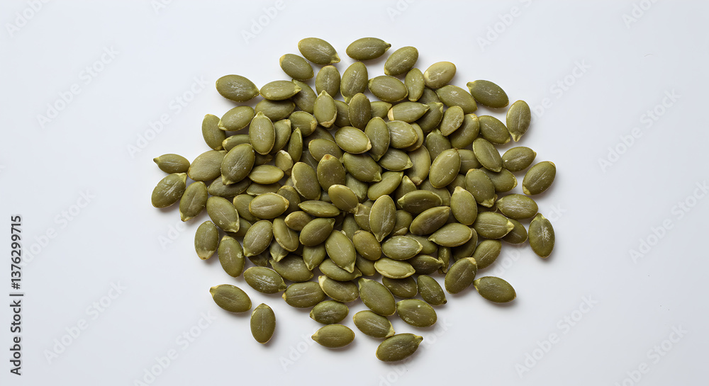 Pile of green pumpkin seeds scattered on a clean, white surface Pile of green pumpkin seeds scattered on a clean, white surface