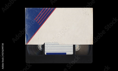 Composition with VHS videocassette partially inside a blank retro designed cover sleeve, mockup on black background