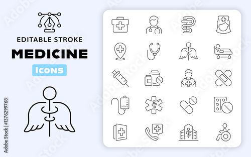 Medicine and Health icons. Collection health care medical signs and symbols. Medical, medicine, health care, hospital thin line icon collection. Editable stroke
