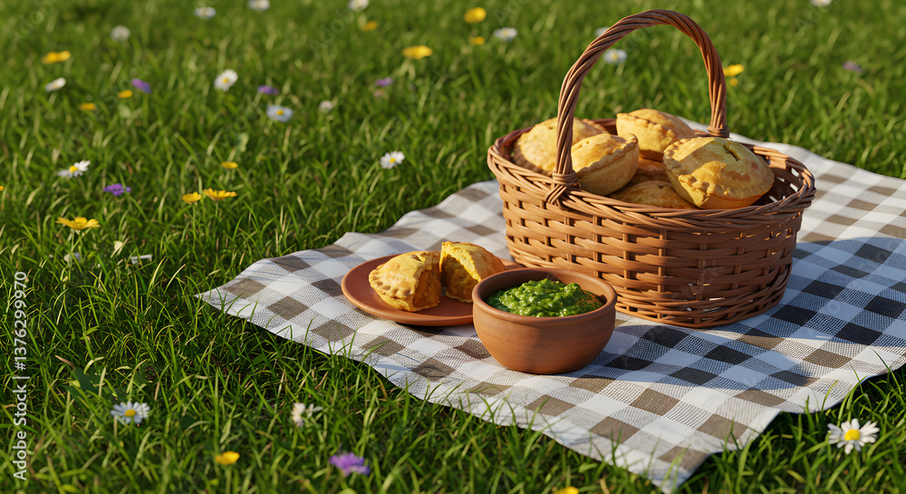 Idyllic picnic scene with curry pies and chutney in a grassy field setting Idyllic picnic scene with curry pies and chutney in a grassy field setting