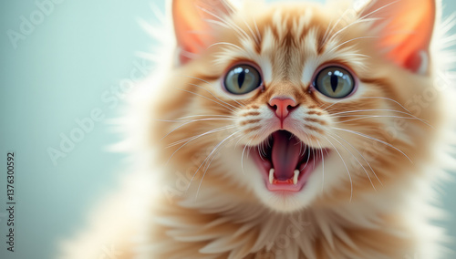 Portrait of a fluffy kitten with its mouth open