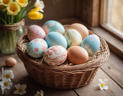 Colorful Easter Eggs in a Basket with Spring Flowers – Holiday Celebration