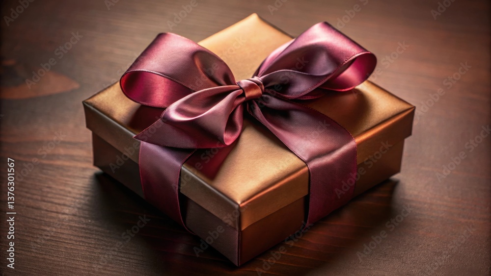 Obraz premium A luxuriously wrapped gift box with a deep maroon satin ribbon, elegantly tied in a perfect bow, sits on a rich dark wood surface, conveying a sense of occasion and thoughtful presentation.