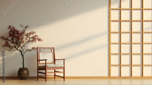 Minimalist Japanese inspired zen interior with natural furniture