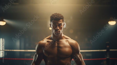 Portrait of a charismatic boxer with a stern look in a boxing gym.