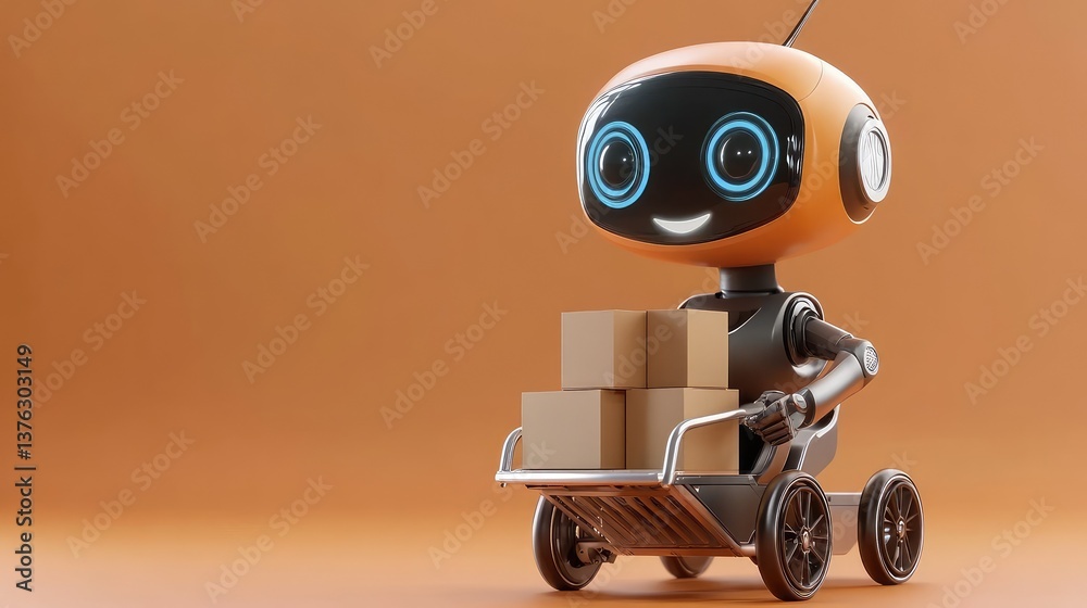 Cute and Friendly Robot Character with Big Eyes and Orange Head Carrying Cardboard Boxes on a Small Cart in a Warm Orange Background Cute and Friendly Robot Character with Big Eyes and Orange Head Carrying Cardboard Boxes on a Small Cart in a Warm Orange Background