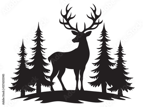  black Silhouette of a deer with pine trees and forest scenery on white background, Deer silhouette, vector illustration on white background

