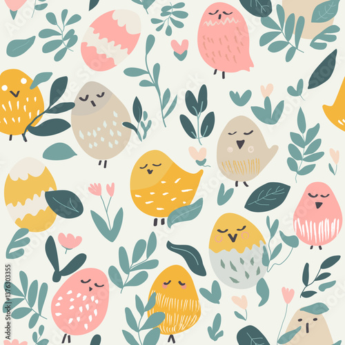 a cartoon vector illustration of easter theme seamless pattern background with easter eggs, easter chicks, spring flowers, tulips and more