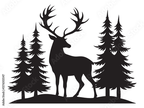  black Silhouette of a deer with pine trees and forest scenery on white background, Deer silhouette, vector illustration on white background
