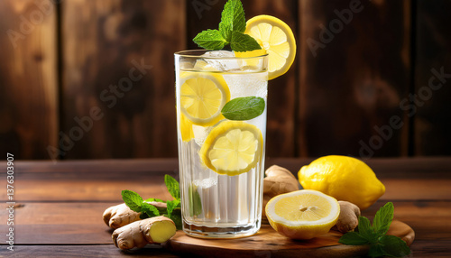 Lemon & Ginger Fat-Burning Detox Water – A tall glass of refreshing lemon and ginger-infused water, with thin lemon slices and fresh ginger 