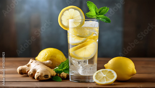 Lemon & Ginger Fat-Burning Detox Water – A tall glass of refreshing lemon and ginger-infused water, with thin lemon slices and fresh ginger 