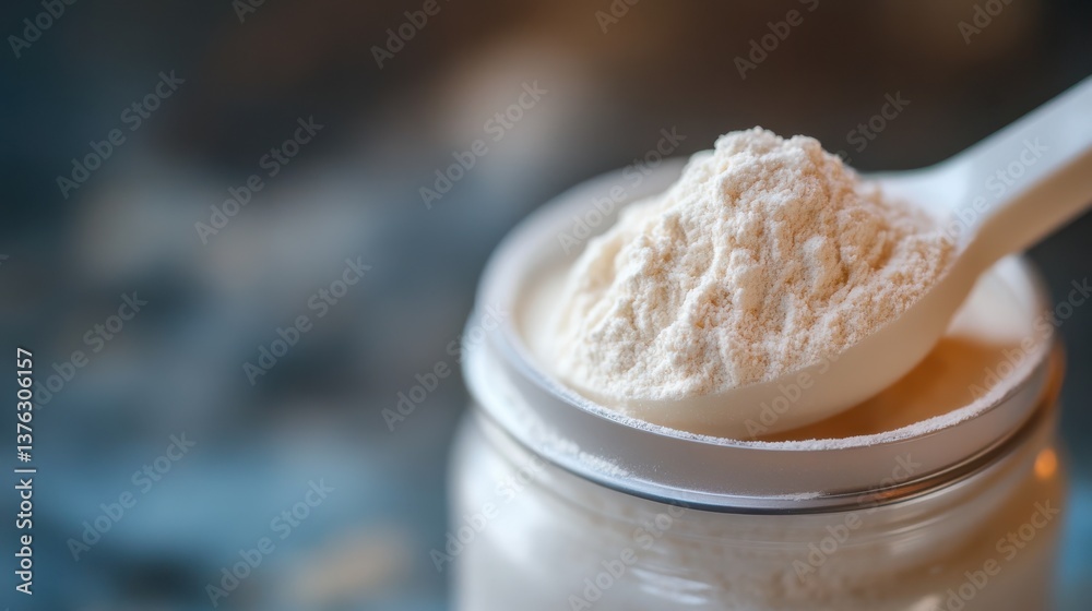 Scoop of whey protein powder balanced on jar edge Scoop of whey protein powder balanced on jar edge