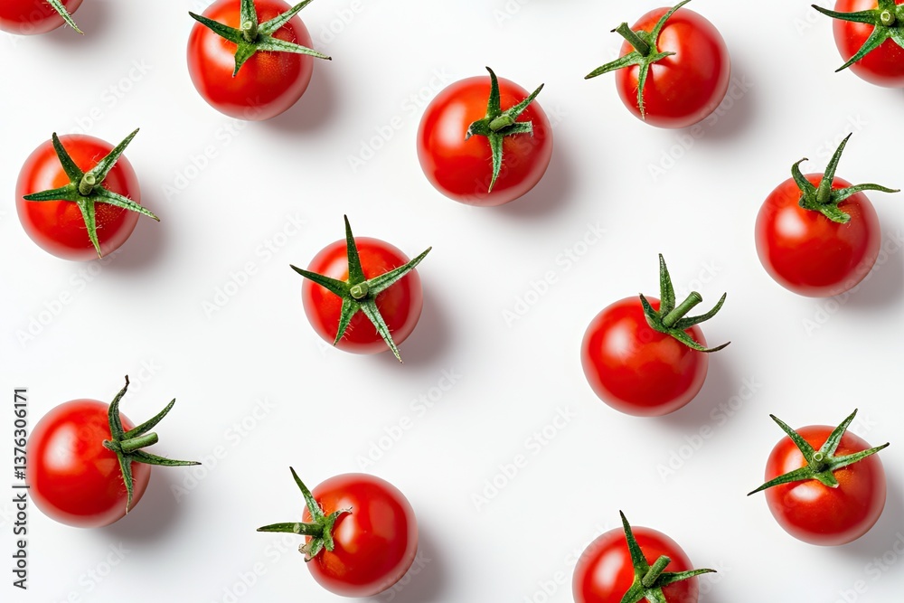 Fresh red tomatoes arranged on white background, showcasing vibr Fresh red tomatoes arranged on white background, showcasing vibr