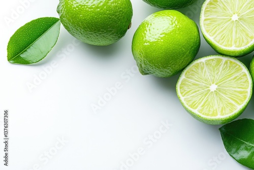 Fresh limes arranged with green leaves, highlighting vibrant col