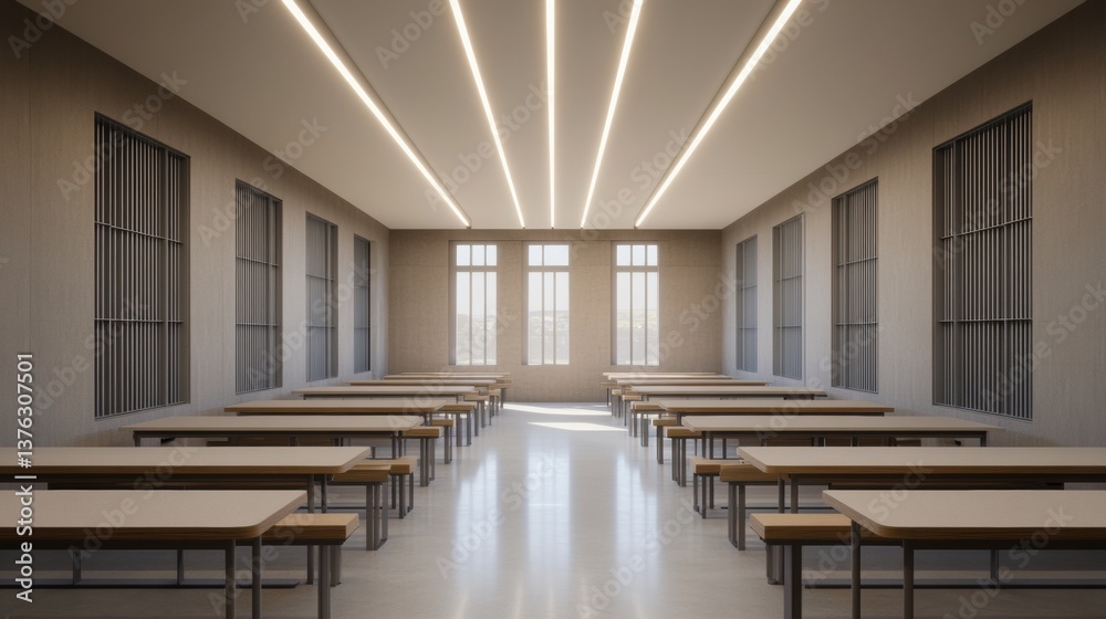 Fototapeta premium A modern, minimalist dining hall with long benches, large windows, and bright lighting, creating a spacious and inviting atmosphere.