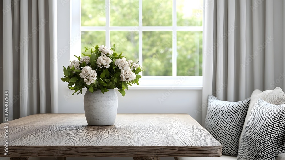 Vase of elegant flowers on a wooden table by a window Vase of elegant flowers on a wooden table by a window