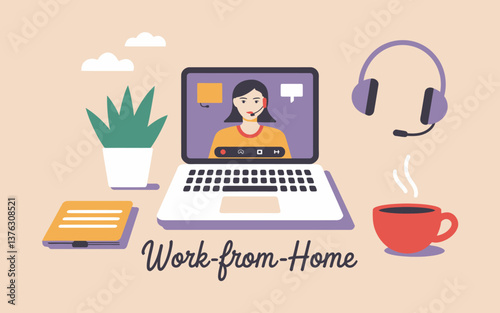 Working Remotely: Illustrated Home Office Setup with Video Call, Coffee and Plant