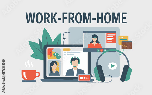 Work From Home Illustration: Virtual Meeting Setup with Laptop, Tablet, Headset, and Coffee Mug. Remote Work Concept