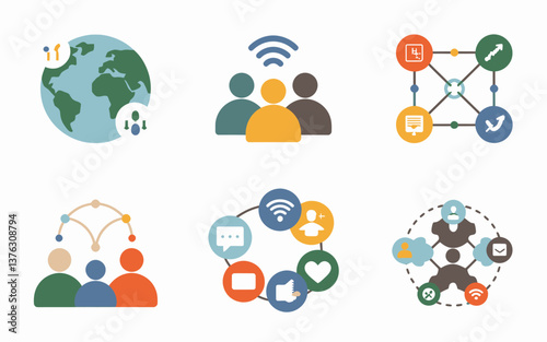 Global Network and Connection Concept Flat Icons Set for Social Media and Business Communication