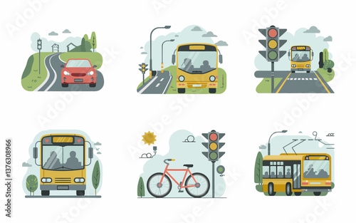 Colorful Vector Transportation Set: Car, Bus, Bicycle, Street Scenes, Traffic Light. Transportation concept design