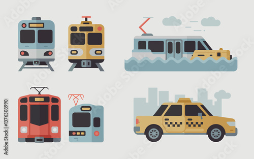 Public Transportation Icons: Train, Ferry, Taxi - Vector Illustration for City Transport Concept