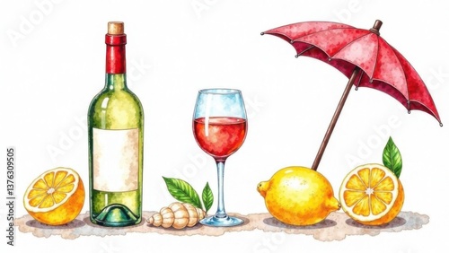 Watercolor drawing of wine, lemons and an umbrella. Travel stickers