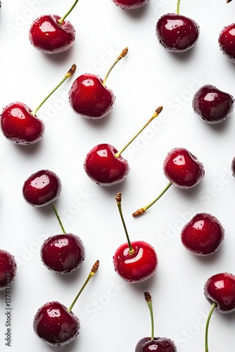 Fresh cherries scattered on light background, highlighting vibra