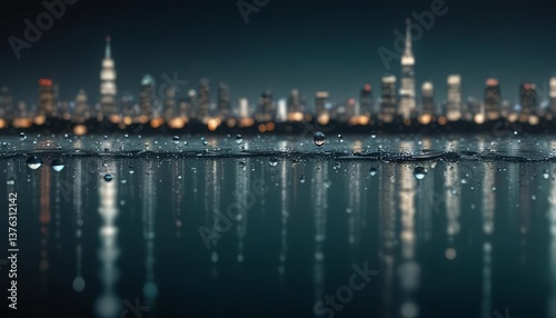 City Lights Reflected: A stunning nighttime cityscape showcases the glittering skyline and sparkling reflections on the water's surface. Capturing the magic of city and night.