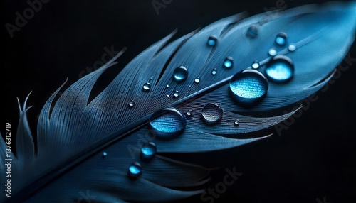 Mystic Feather and Water Droplets: A captivating image showcasing a close-up of a blue feather adorned with glistening water droplets.