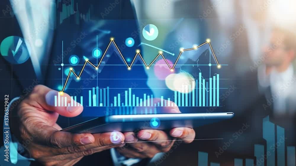 Geschäftsmann hält digitale Finanzgrafik