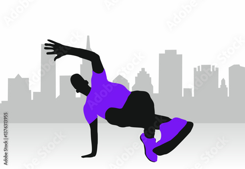 A man street dancer is doing a handstand in the city. The city is in the background and the man is wearing a purple shirt. Vector flat illustration