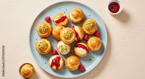 Wallpaper Mural A bird's-eye view of an abstract composition featuring profiteroles of varying sizes, artfully arranged on a light blue ceramic platter, vibrant toppings like raspberry coulis and crushed pistachios Torontodigital.ca