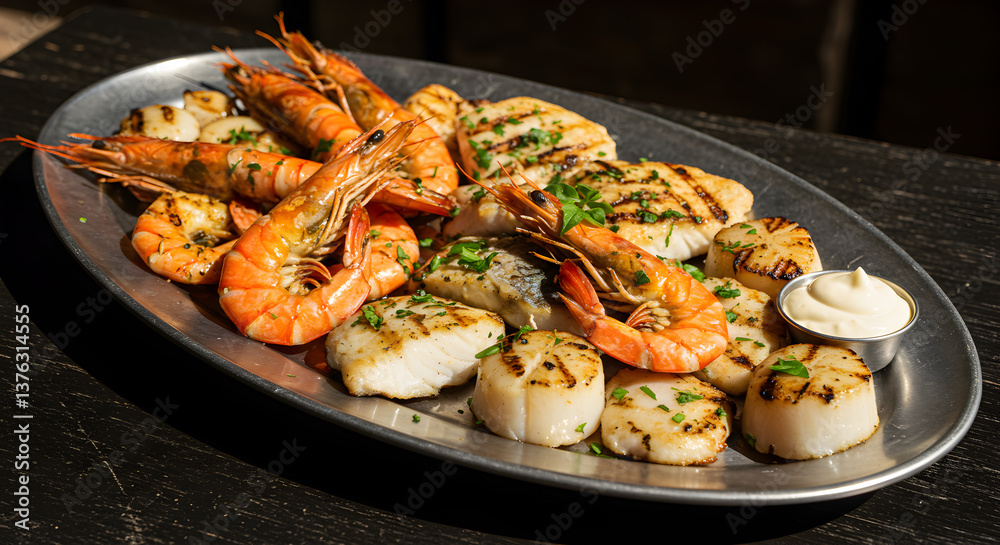 Grilled seafood platter featuring shrimps, scallops, and fish fillets arrangement Grilled seafood platter featuring shrimps, scallops, and fish fillets arrangement